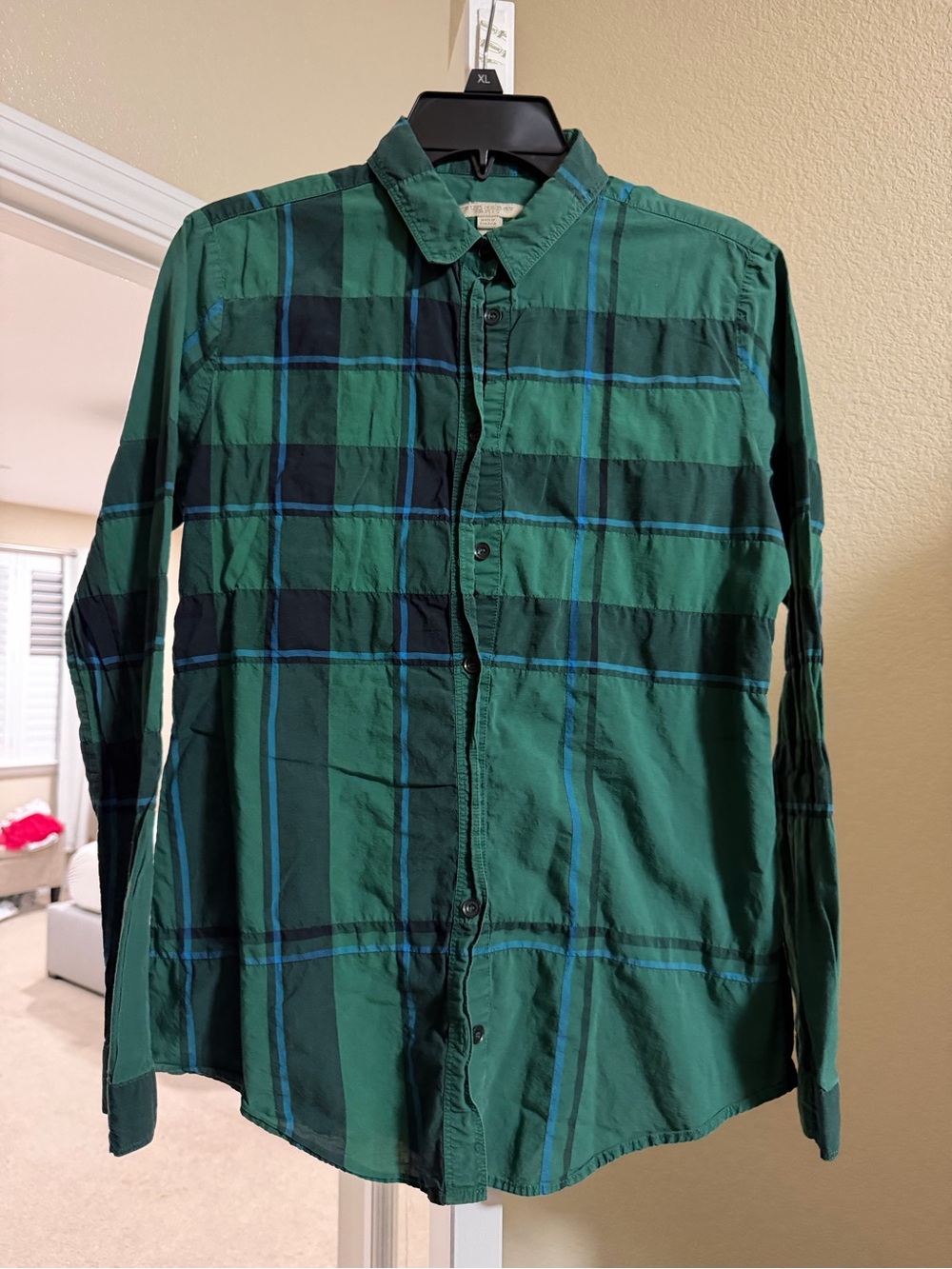 Burberry Brit Emerald Green Navy Plaid Button Down Shirt S